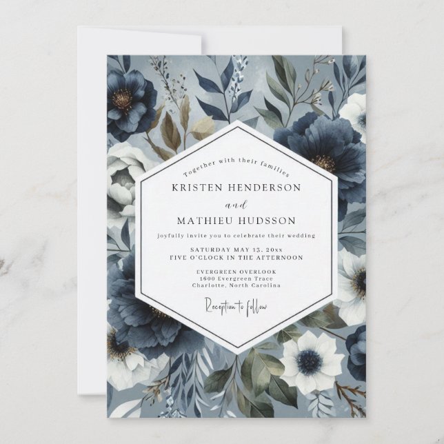 Convites Slate Blue Floral Romance Wedding (Frente)