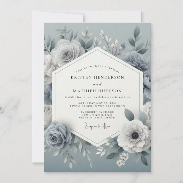 Convites Slate Blue Floral Romantic Wedding (Frente)