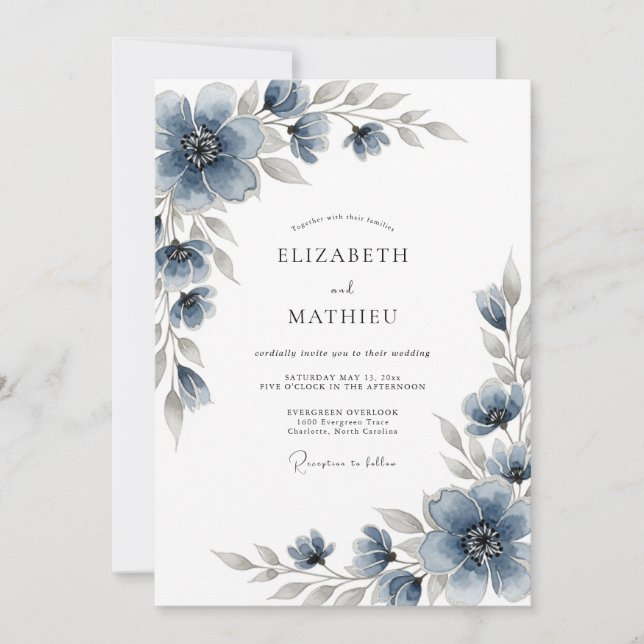 Convites Slate Blue Floral Romantic Wedding (Frente)
