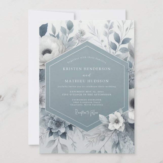 Convites Slate Blue Floral Wedding (Frente)