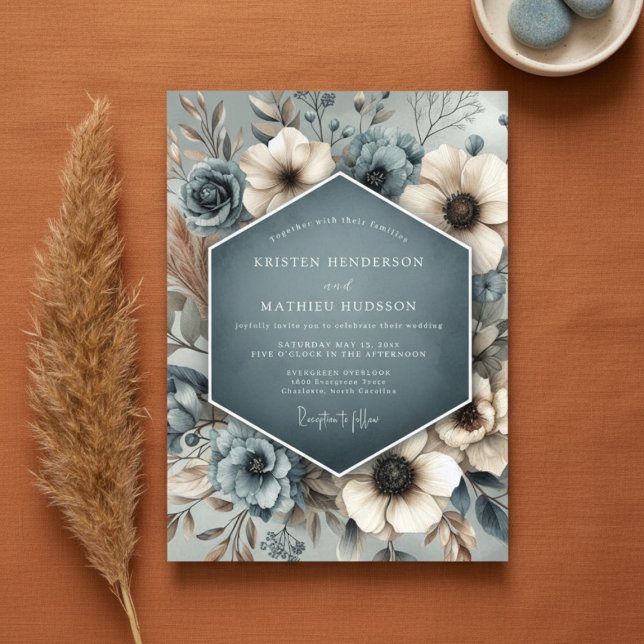Convites Slate Blue Floral Whimsy Wedding (Criador carregado)