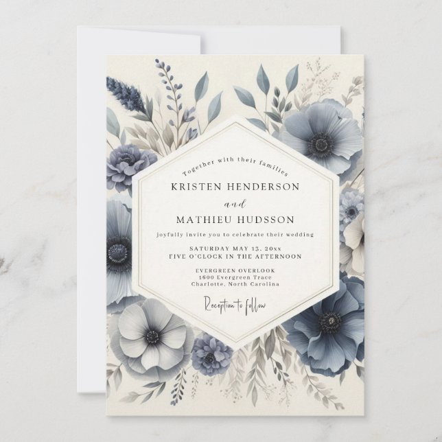 Convites Slate Blue Frosted Floral Wedding (Frente)