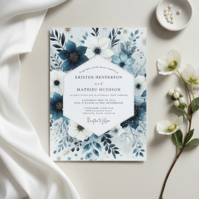 Convites Slate Blue Frosty Flora Wedding (Criador carregado)