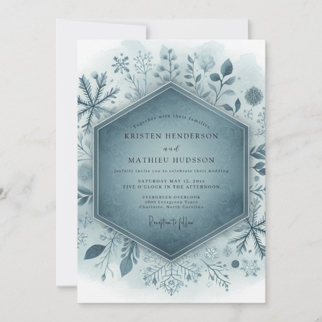 Convites Slate Blue Frosty Floral Wedding (Frente)