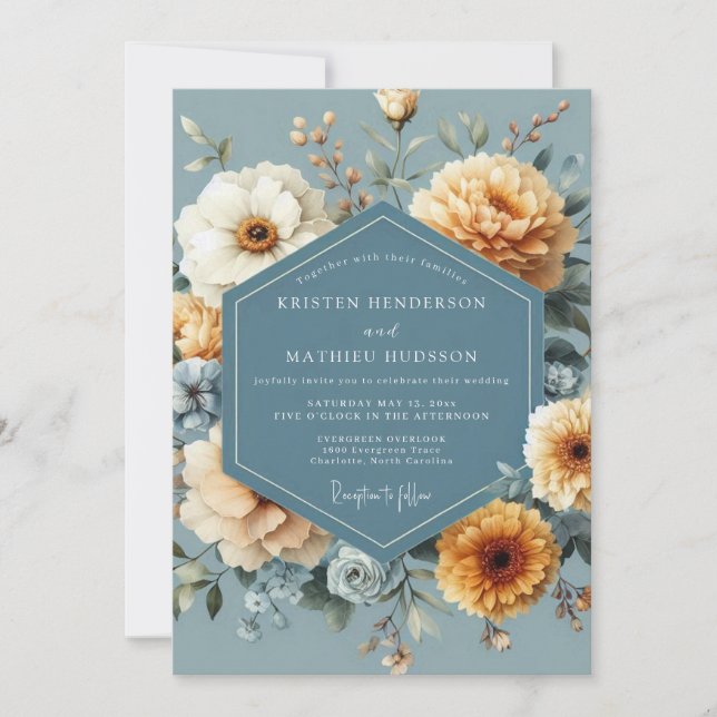 Convites Slate Blue Golden Bloom Wedding (Frente)