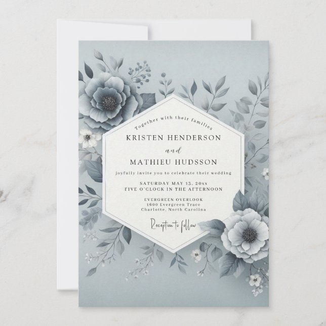 Convites Slate Blue Hazy Bloom Wedding (Frente)