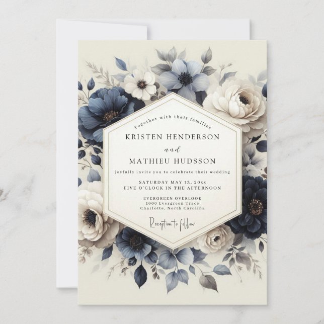 Convites Slate Blue Heirloom Flora Wedding (Frente)