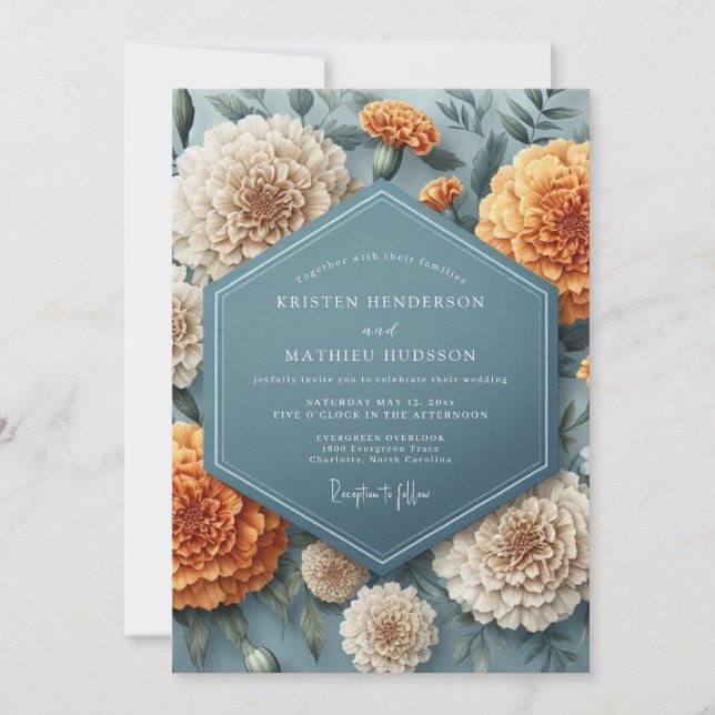 Convites Slate Blue Marigold Bloom Wedding (Frente)