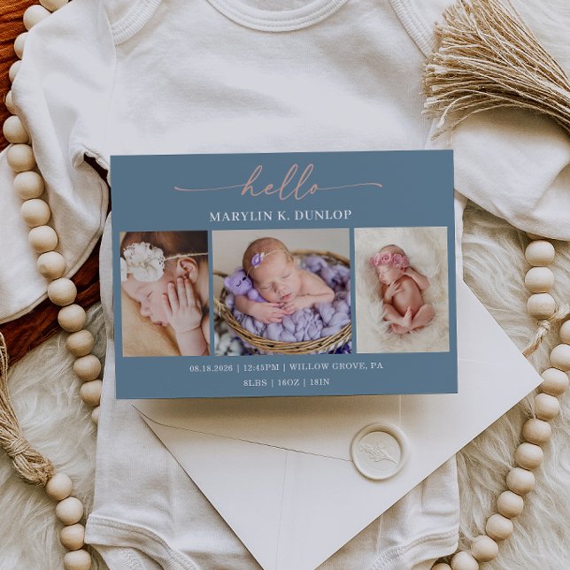 Convites Slate Blue Minimalist Photo Baby Announcement Card (Criador carregado)