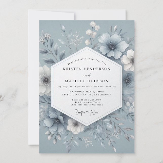 Convites Slate Blue Misty Bloom Wedding (Frente)