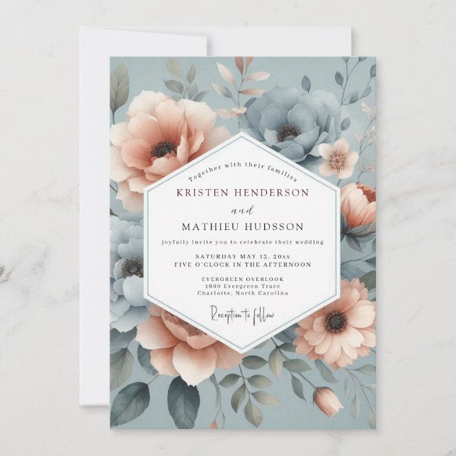Convites Slate Blue Misty Floral Wedding (Frente)