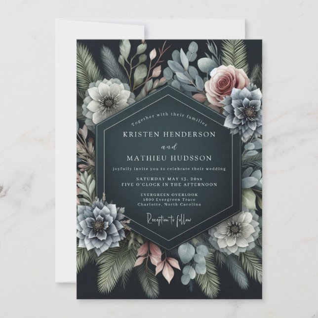 Convites Slate Blue Moody Flora Wedding (Frente)