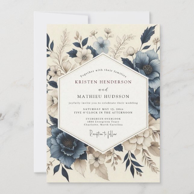 Convites Slate Blue Muted Bloom Wedding (Frente)