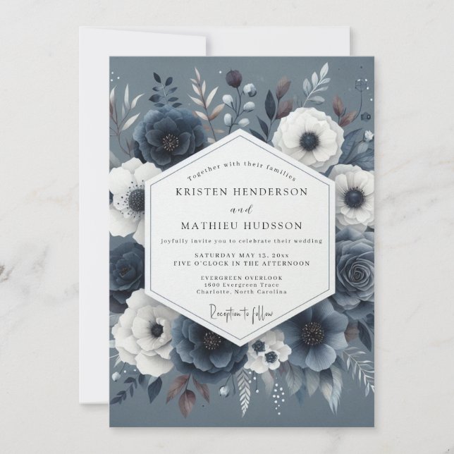 Convites Slate Blue Nocturnal Bloom Wedding (Frente)