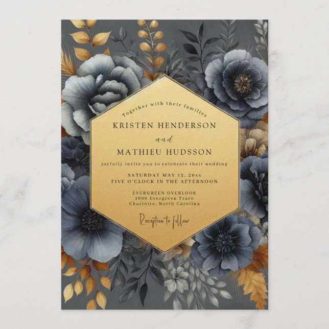 Convites Slate Blue Nocturne Bloom Wedding (Frente)