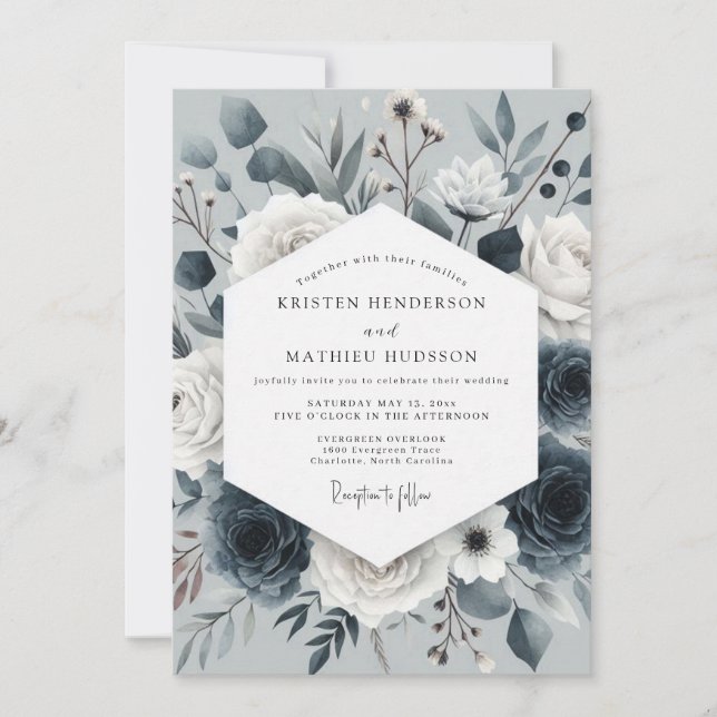 Convites Slate Blue Nocturne Bloom Wedding (Frente)
