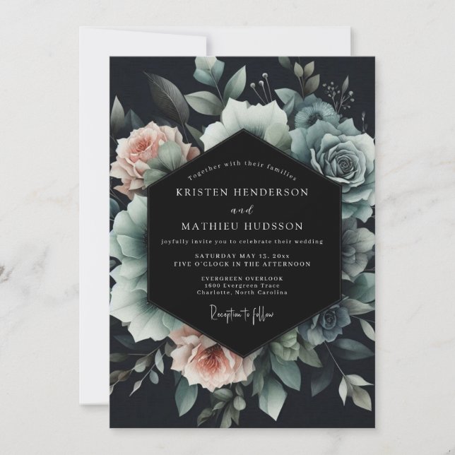 Convites Slate Blue Noir Bloom Wedding (Frente)