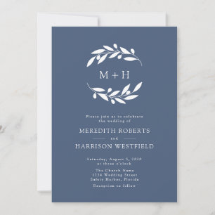 Convites Slate Blue Olive Branch Monograma Wreath Casamento