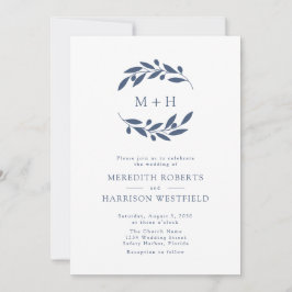 Convites Slate Blue Olive Branch Monograma Wreath Casamento