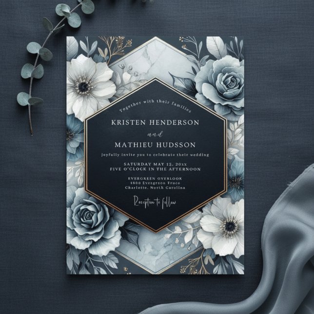 Convites Slate Blue Opulent Bloom Wedding (Criador carregado)