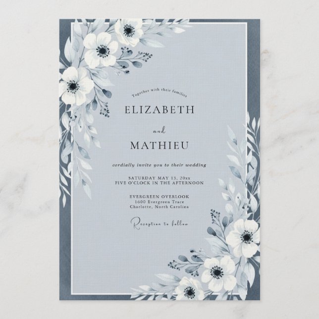 Convites Slate Blue Painterly Anemone Wedding (Frente)