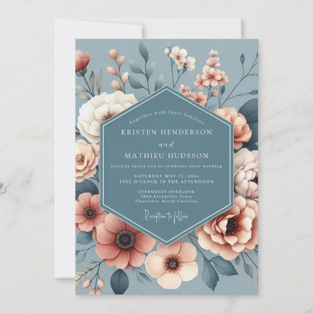 Convites Slate Blue Painterly Bloom Wedding (Frente)