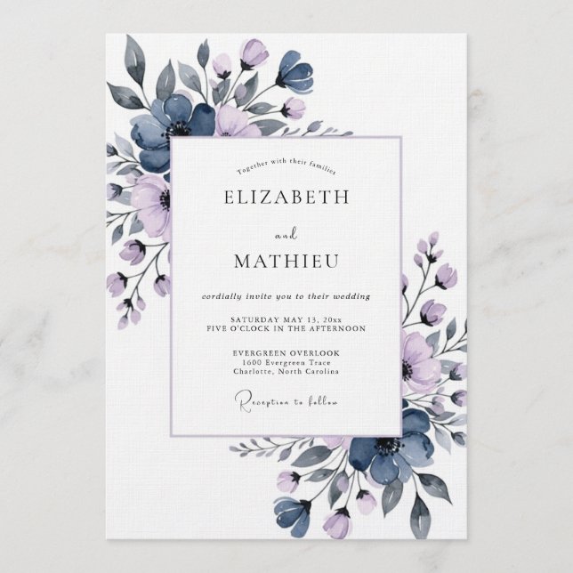 Convites Slate Blue Painterly Flora Wedding (Frente)