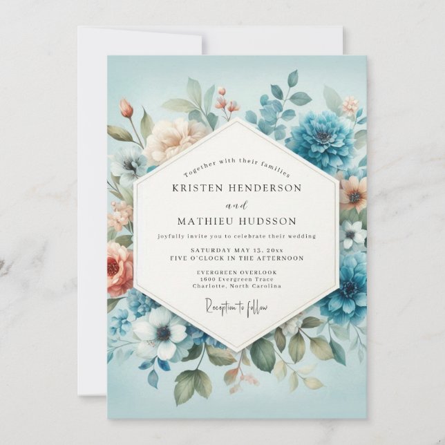 Convites Slate Blue Peach Aquarelle Wedding (Frente)