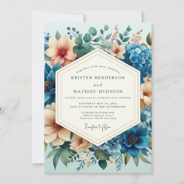 Convites Slate Blue Peach Artful Bloom Wedding (Frente)