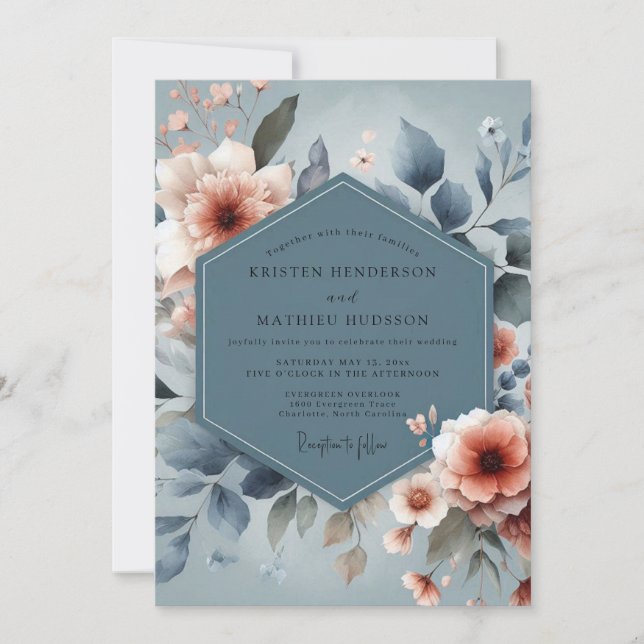 Convites Slate Blue Peach Dreamy Wedding (Frente)