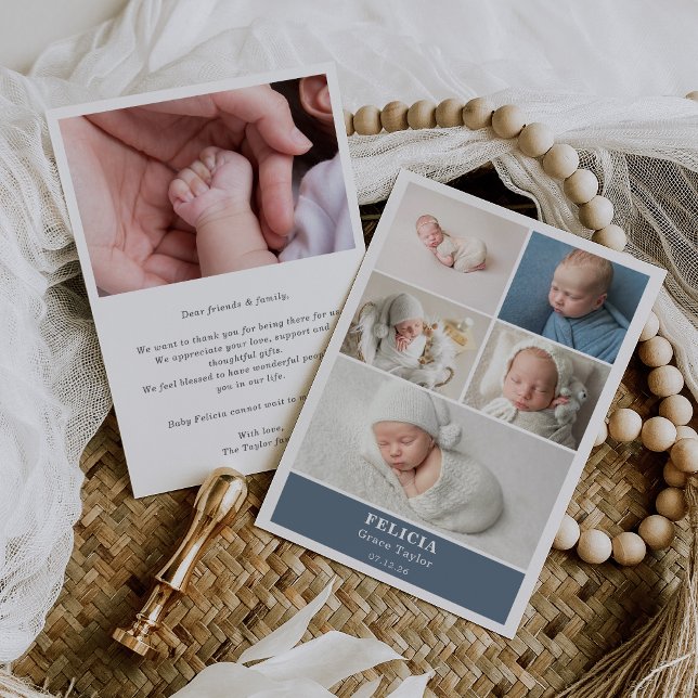 Convites Slate Blue Photo Collage Baby Announcement Card (Criador carregado)