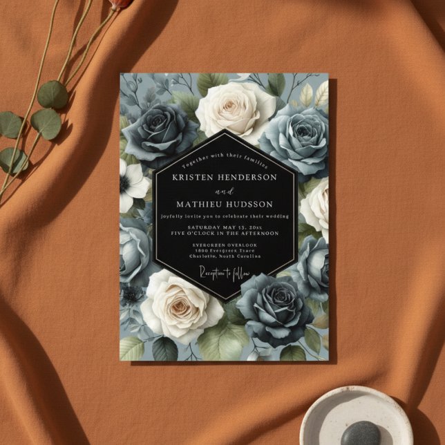 Convites Slate Blue Rose Bloom Wedding (Criador carregado)