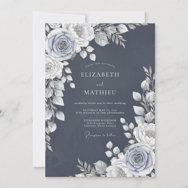 Convites Slate Blue Rose Romance Wedding (Frente)
