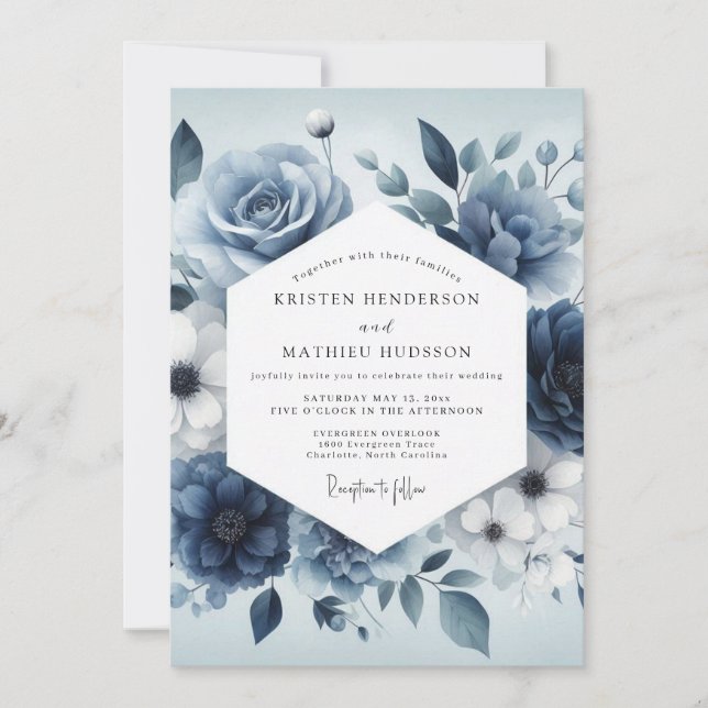 Convites Slate Blue Serene Bloom Wedding (Frente)