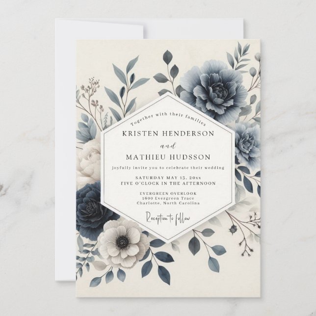 Convites Slate Blue Serene Floral Wedding (Frente)