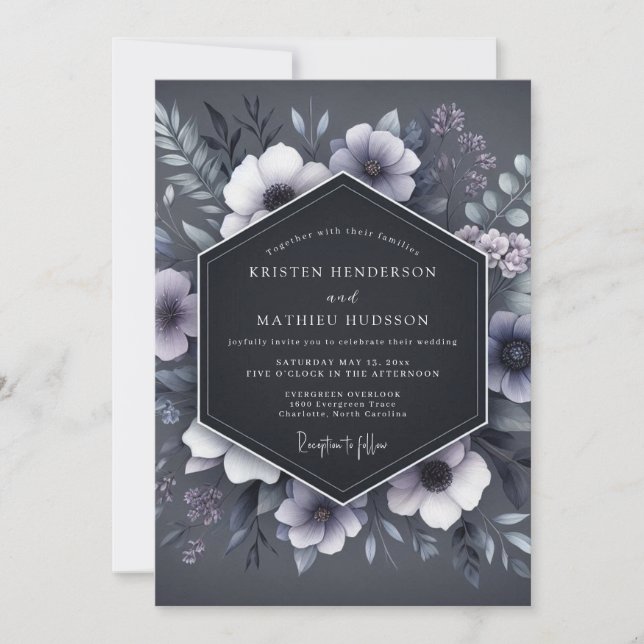 Convites Slate Blue Shadowy Flora Wedding (Frente)