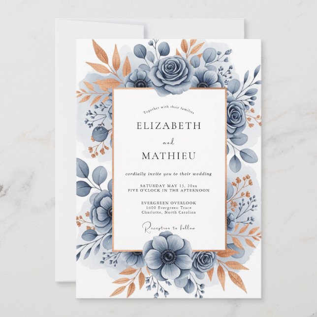 Convites Slate Blue Sophisticated Botanical Wedding (Frente)