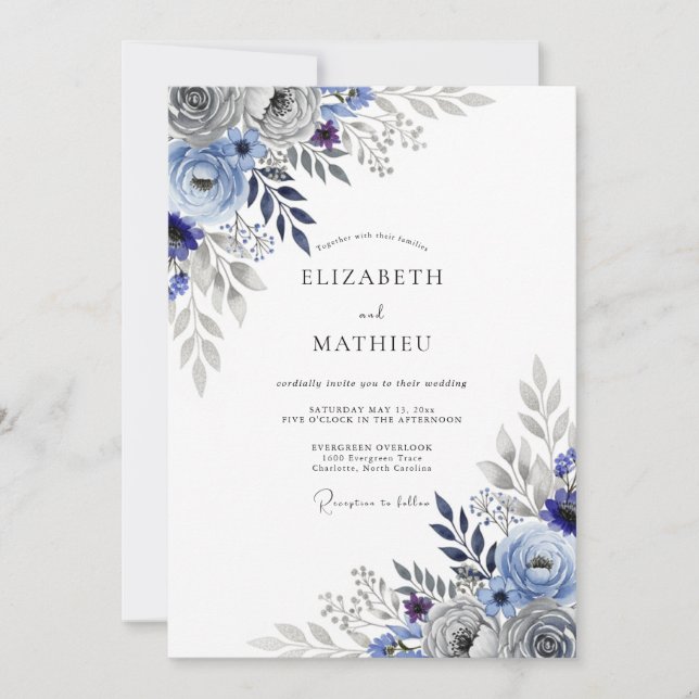Convites Slate Blue Striking Botanical Wedding (Frente)