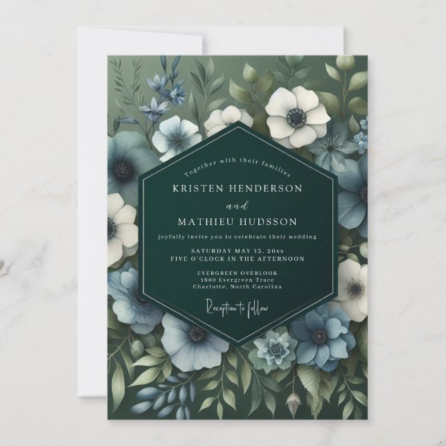 Convites Slate Blue Verdant Bloom Wedding (Frente)
