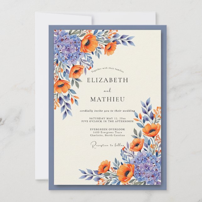 Convites Slate Blue Vibrant Poppy Wedding (Frente)