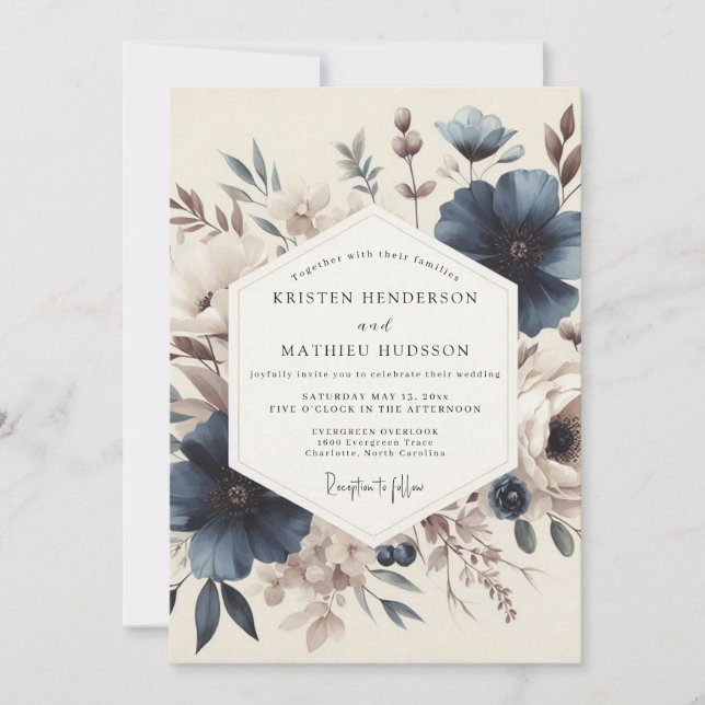 Convites Slate Blue Vintage Bloom Wedding (Frente)