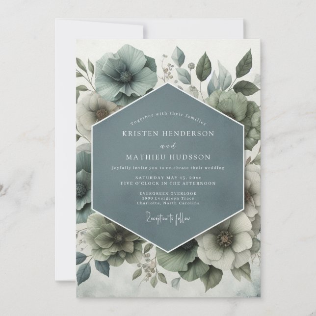 Convites Slate Blue Watercolor Bloom Wedding (Frente)