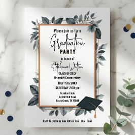 Convites Slate Blue Watercolor Leaves Geometric Graduation