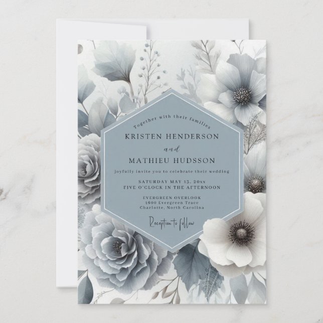 Convites Slate Blue Whisper Bloom Wedding (Frente)