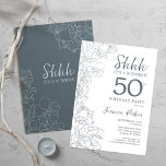 Convites Slate Blue White Botanical Surprise 50th Birthday<br><div class="desc">Slate Blue Botanical Surprise 50th Birthday Invitation. A design feminina moderna minimalista apresenta sotaques botânicos e letra de script de tipografia. Simples cartão de convite floral perfeito para uma festa surpresa na moda.</div>