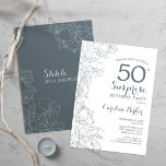 Convites Slate Blue White Surprise 50th Festa de aniversári<br><div class="desc">Slate Blue White Surprise 50th Convite de aniversário. Design minimalista moderno com sotaques botânicos e letra de escrita tipográfica. Floral,  carta de convite perfeita para uma na moda fêmea de comemoração surpresa. Pode ser personalizado para qualquer idade.</div>