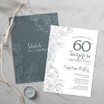 Convites Slate Blue White Surprise 60th Festa de aniversári<br><div class="desc">Slate Blue White Surprise 60th Convite de aniversário. Design minimalista moderno com sotaques botânicos e letra de escrita tipográfica. Floral,  carta de convite perfeita para uma na moda fêmea de comemoração surpresa. Pode ser personalizado para qualquer idade.</div>