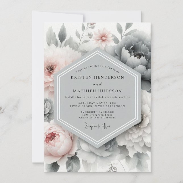 Convites Slate Blush Painterly Peony Wedding (Frente)