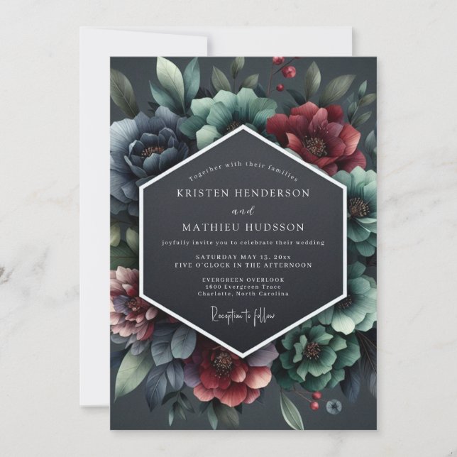 Convites Slate Burgundy Baroque Bloom Wedding (Frente)