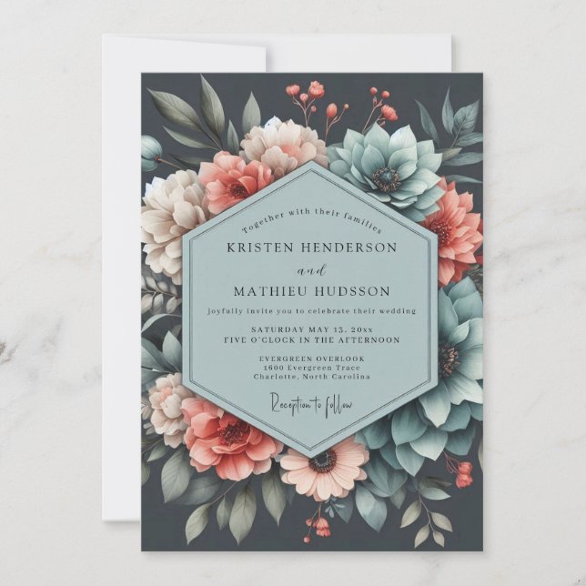 Convites Slate Coral Moody Bloom Wedding (Frente)